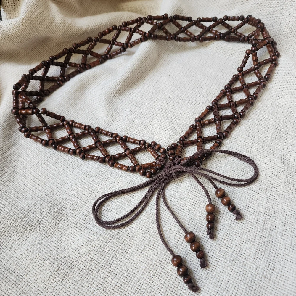 Handmade Bali Beaded Wood Ethnic Boho Tassel Belt Beads Cotton Fringe